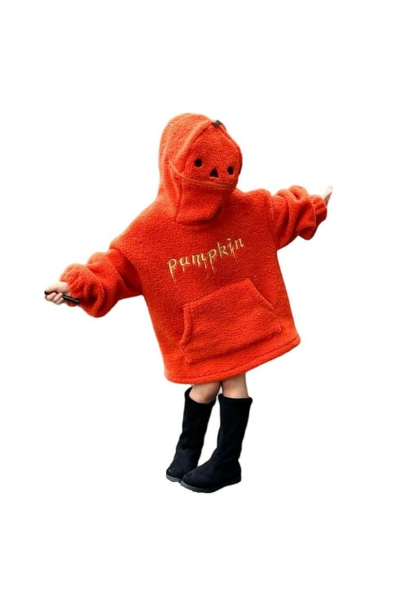 Teen Girl's Oversized Halloween Hooded Pumpkin Pullover Kids Fuzzy Sweatshirt Thick Woolen Sweater Jacket Fleece Clothes