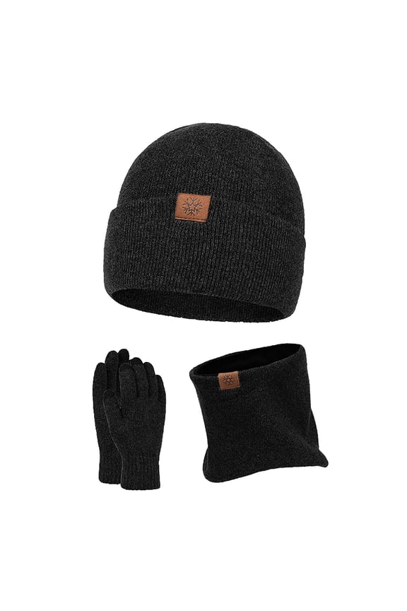 Teen Girls Breathable Gloves for Sports Autumn and Winter Europe and The United States Outdoor Woolen Hat Couple Bib Hat Gloves Three Piece Ear Warm Knitted Hat Set(Black,One Size)