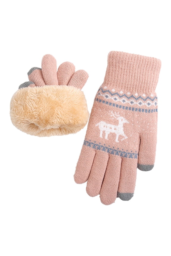 Teen Girls Breathable Gloves Warm Winter Fawn Gloves Women'S Knitted Plus Velvet Thickened Autumn and Winter Warm Pattern Gloves Adult Gloves(Pink,One Size)