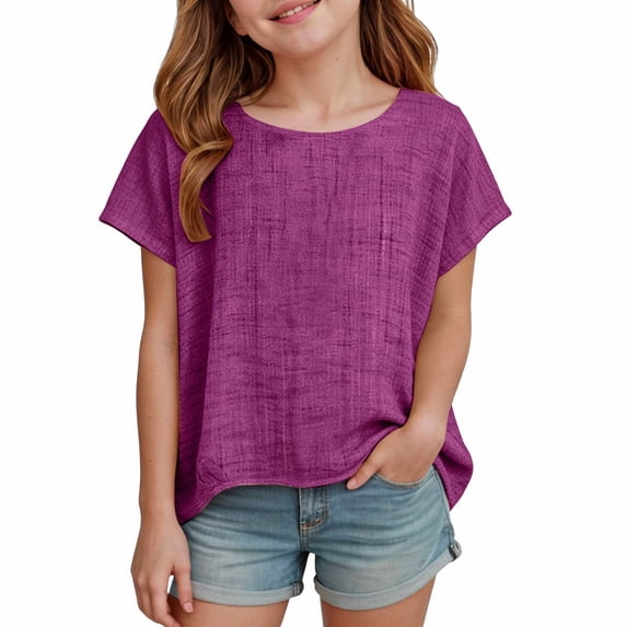 Otqutp Teen Girls Cotton Linen Tee Crew Neck Loose Fit Short Sleeve T-Shirt Casual Soft Summer Kids Blouse Tops 2-16 Years