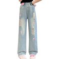 thumbnail image 1 of Otqutp Teen Girls Flare Denim Pants Baggy Wide Leg Elastic Waist Jeans Kids Cute Trendy Casual Denim Bell Bottom School Jean Bootcut, 1 of 9