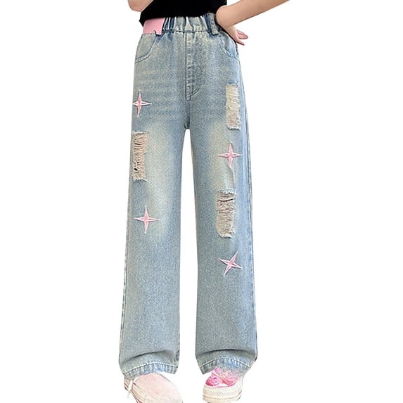 Otqutp Teen Girls Flare Denim Pants Baggy Wide Leg Elastic Waist Jeans Kids Cute Trendy Casual Denim Bell Bottom School Jean Bootcut