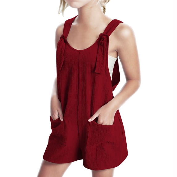Otqutp Teen Girls Loose Romper Sleeveless Adjustable Tie-Up Strap Short Overalls Summer Casual Vacation Shorts Jumpsuits with Pocket