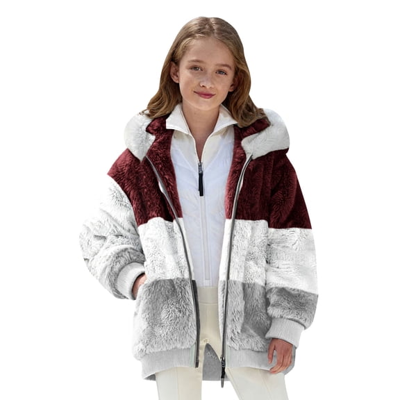 Otqutp Teen Girls Padded Fuzzy Coats Winter Warm Faux-F𝐮r Striped Hooded Jackets Kids Zip up Windproof Long Sleeve Outwear
