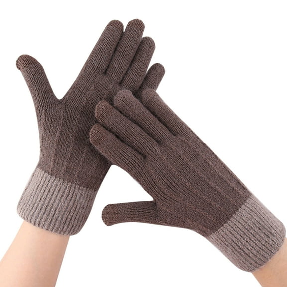 Otqutp Teen Girls Soft Mittens Winter Mesh Gloves Women's Knitted Plus Velvet Thickened Autumn and Winter Warm Pattern Gloves Unisex Adult Gloves(Coffee,One Size)