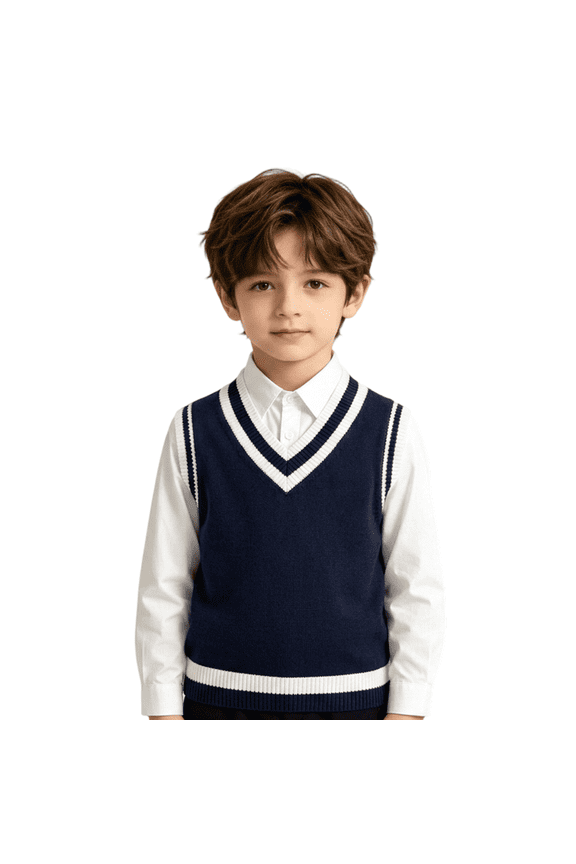 Teen Kids Knit Vest V Neck Striped Trim Sleeveless Sweater Gilet Boys Girls Soft Warm School Uniform Sweater Waistcoat