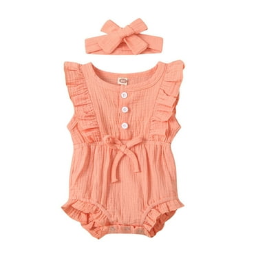 Otqutp Toddler 2024 Jumpsuit Sleeveless Romper Button Girls Ruffle Short Jumpsuit+Headband Kids Baby Girls Romper 0 to 18 Months