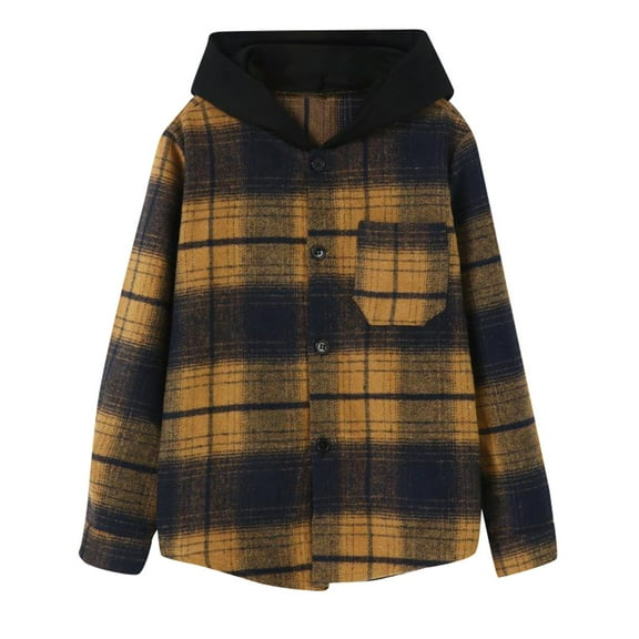 Otqutp Toddler 2024 Tops Teen Little Boy Hooded Coat Outwear Long Sleeve Button Down Plaid Shirts Casual Hoodie Jacket Top with Pockets