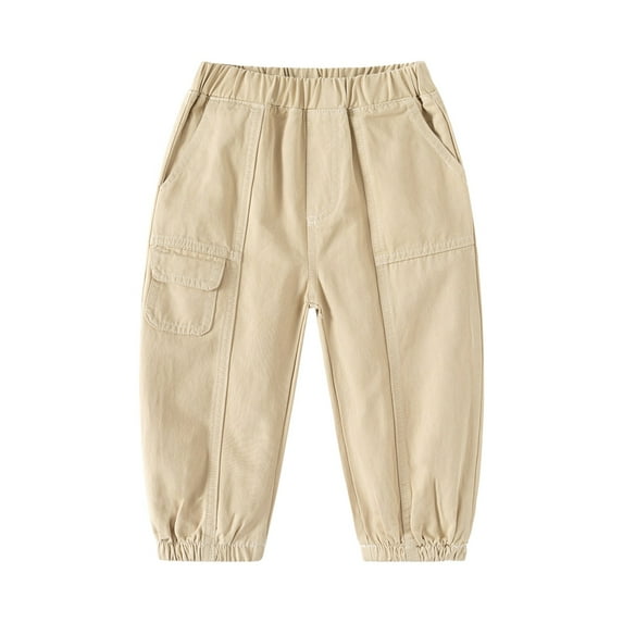 Otqutp Toddler Baby Boys Cotton Cargo Pants Pull On Elastic Waist Twill Baggy Joggers Solid School 𝐔niform Hiking Pants with Pockets(A-Beige,5-6 Years)