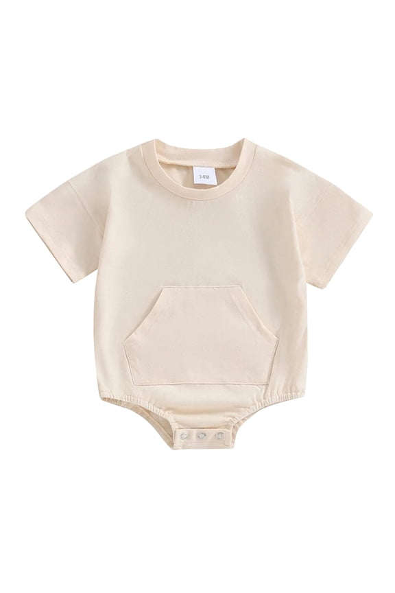 Toddler Baby Boys Girls Bubble Romper Short Sleeve Oversize Bodysuit Solid Plain Comfortable Outfits with Pockets