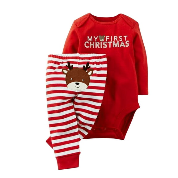 Otqutp Toddler Baby Boys Girls Pajamas Christmas Deer Romper Striped Pants Outfits Clothes Set for 1 to 7 Years
