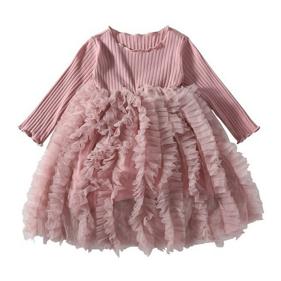 Otqutp Toddler Baby Girl Tutu Dress Kids Girls Long Sleeve Birthday Dress Tulle Knitted Ruffles Wedding Dresses Birthday Outfit for 6M-6 Years(Pink-a,2-3 Years)