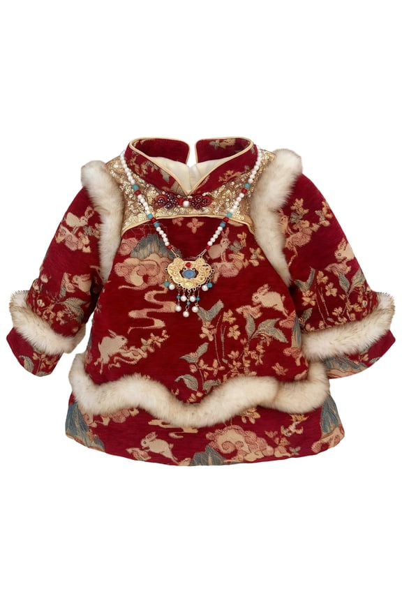 Toddler Baby Girls Chinese New Year Outfit Furry 𝗙aux Fu𝗿 Trim Plush Embroidery Dress Kids Cute Traditional Clothes