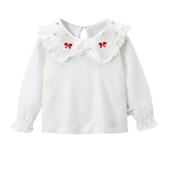 Otqutp Toddler Baby Girls Ruffle Collar Shirt Girls Puff Long Sleeve Cute Embroidery Tops Solid Color Basic Cute Blouse Tee