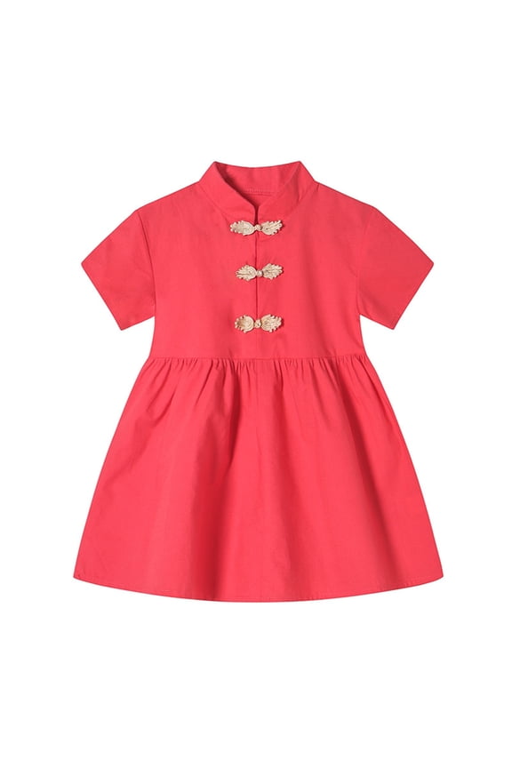 Toddler Baby Girls Traditional 𝗧ang Suit Dress Toddler Mid Length Retro Buckle Qipao Short Sleeve New Year Cheongsam