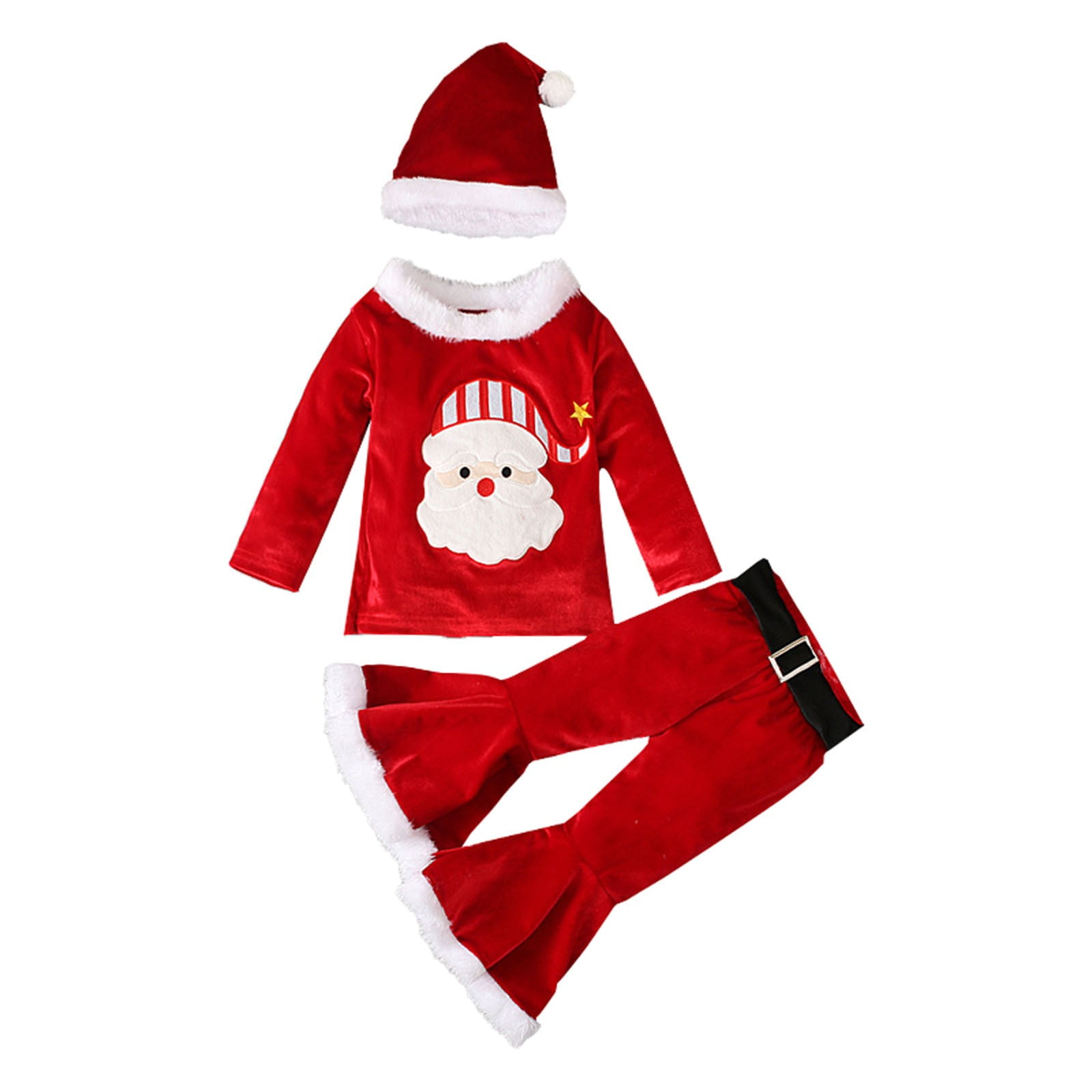 Otqutp Toddler Baby Kids Girls Fall Winter Clothes Christmas Patchwork O Neck Pullover Tops Pants Hat 3PCs Set Toddler Christmas Outfits(Z#Watermelon Red-1,2-3 Years)