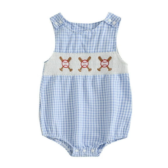 Otqutp Toddler Baby Smocked Baseball Romper New Born Boys Girls Sleeveless Bubble Rompers Embroidery Plaid Bodysuit Tops