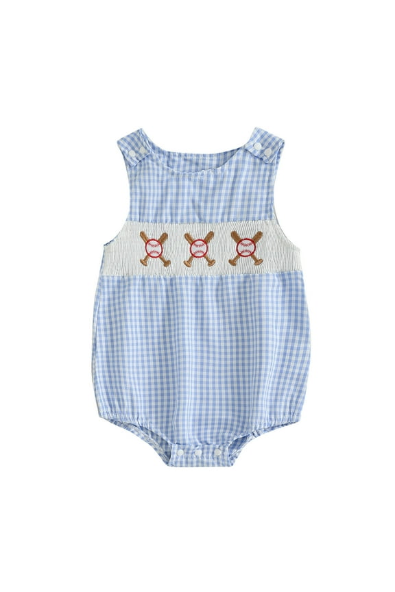 Toddler Baby Smocked Baseball Romper New Born Boys Girls Sleeveless Bubble Rompers Embroidery Plaid Bodysuit Tops