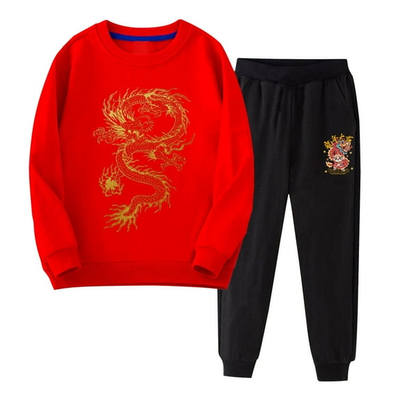 Otqutp Toddler Beach Clothes Set for Fall Winter Children's Red New Year Wear Boys and Girls Children Dragon Year Casual Sweatshirt Pants Two Sets