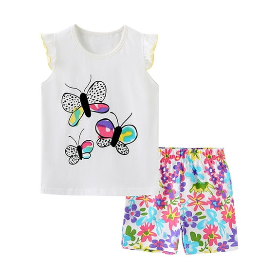Otqutp Toddler Beach Outfits for Spring Summer Girls' Suit Cute Butterfly Flower Print Short Sleeved Knitted Cotton Round Neck T Shirt Set