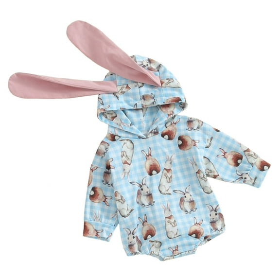 Otqutp Toddler Beach Romper Boys Girls Easter Outfit Long Sleeve Bunny Plaid Print Hooded Rabbit Ears Kids Short Jumpsuit Daily Bodysuit