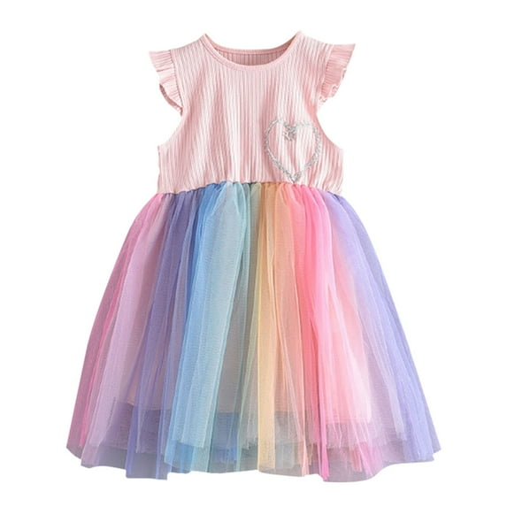 Otqutp Toddler Beach Sundress Baby Girl Rainbow Dress Summer Sleeveless Dress Princess Party Dress With Short Sleeves Fly Sleeve Vest Dress