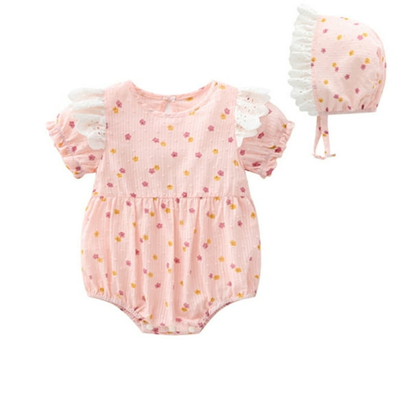 Otqutp Toddler Birthday Outfits 0 to 24 Months Baby Girls Lace Print Spring Summer Short Sleeve Romper Bodysuit Hat Clothes