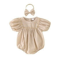 Otqutp Toddler Bodysuit Girls Casual Short Sleeve Plaid Printed Pullover Romper Summer Bodysuits Headbands Set 0 to 18 Months