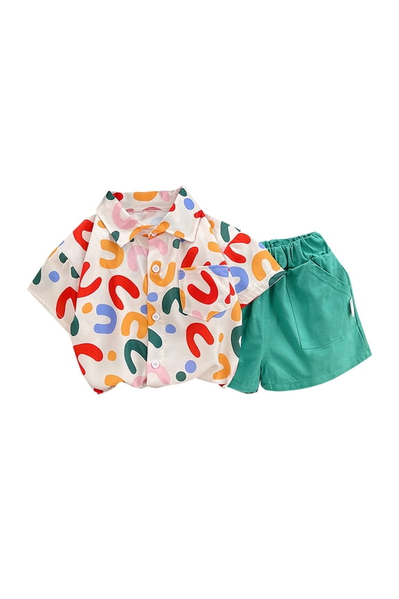 Toddler Boys Cute Bodysuits Summer Children Lapel Geometric Print Short Sleeved T Shirt + Solid Color Shorts Fashion Two Piece Set