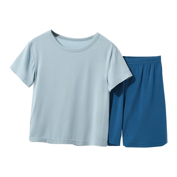 Otqutp Toddler Boys Girls Clothes Set Short Sleeve T-shirt Top Elastic Waist Shorts Solid Color 2Pcs Outfits Stretch Home Set 2-13 Years(Dark Blue,5-6 Years)