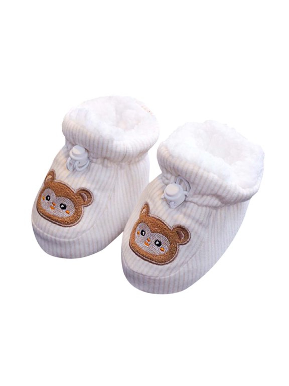 Toddler Boys Girls Sock Booties Monkey Cartoon Snap Button Cuff Shoes Fleece Lined Warm Indoor Pre Walker Footwear