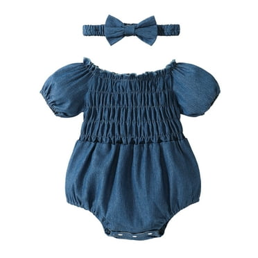 Otqutp Toddler Comfy Romper Girls Short Sleeve Denim Solid Romper Bodysuits Headbands Set 0 to 18 Months Summer Clothes