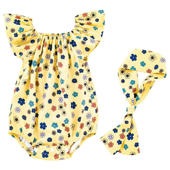 Otqutp Toddler Cute Outfits Baby Clothes Summer Baby Girl Printed Flying Sleeve Romper Super Cute Jumpsuit Hair Accessories 2 Piece Set