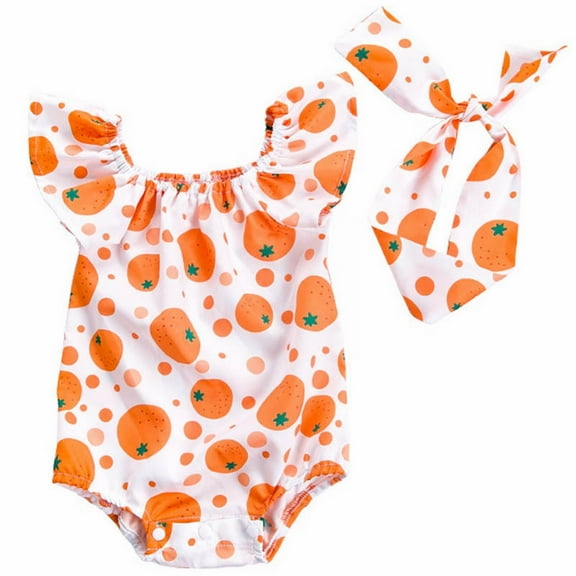 Otqutp Toddler Cute Outfits Baby Clothes Summer Baby Girl Printed Flying Sleeve Romper Super Cute Jumpsuit Hair Accessories 2 Piece Set