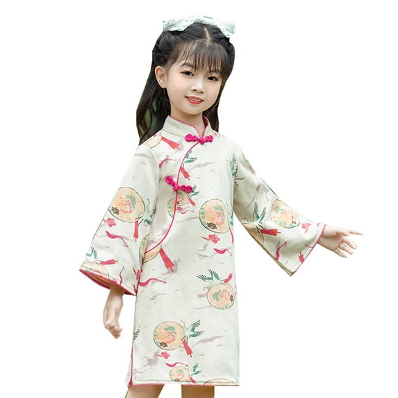 Otqutp Toddler Dress Long Sleeve Dresses Floral Print Chinese Performance Spring Autumn Girl Ethnic Style Retro Tang Dress Birthday Outfit(Beige-3,6-7 Years)
