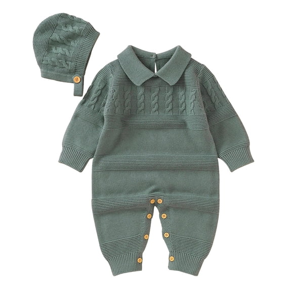 Otqutp Toddler Fashion Bodysuits Baby Knit Romper Cotton Long Sleeve Boy Girl Sweater Clothes Baby Jumpsuit 1 Piece with Cute Hat Set Elastic Waist 2PCS Fall Winter Clothes