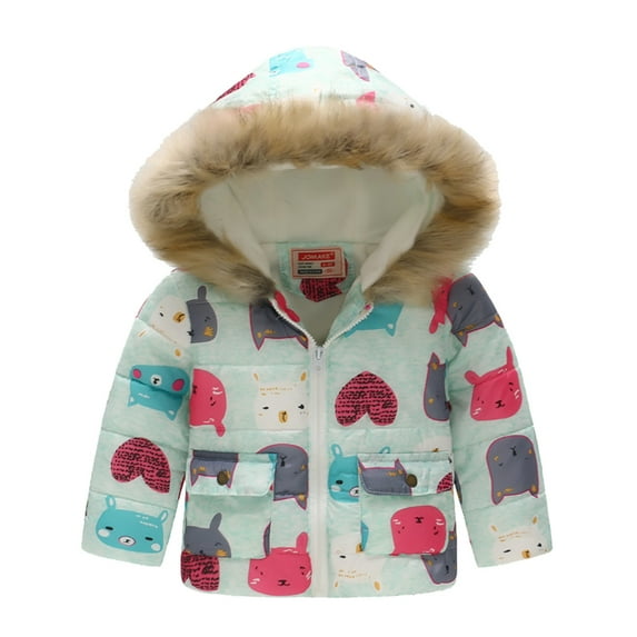 Otqutp Toddler Fashion Jacket Kids Coat Winter Baby Coat Girls Hooded Prints Toddler Outwear Zipper Windproof Warm Thick Girls Jacket