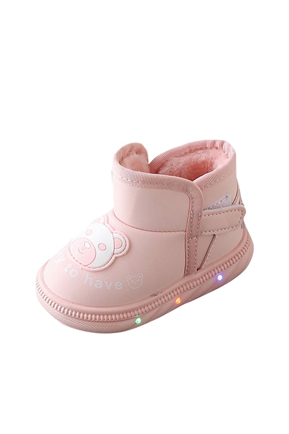 Toddler Faux Fu?? Lined Light Up Booties Cute Cartoon Bear Wide Toe Winter Warm Snow Boots Insulated Ankle Boots