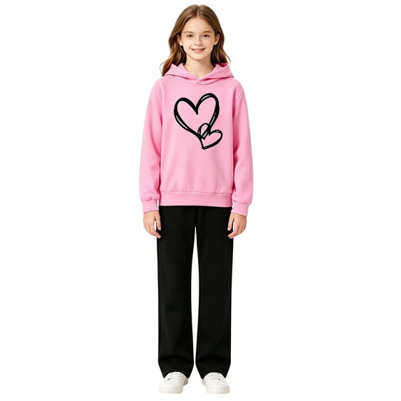 Otqutp Toddler Girls 2 Piece Outfit Heart Print Long Sleeve Hooded Sweatshirt Solid Straight Leg Pants Fall Clothes for Kids Teens