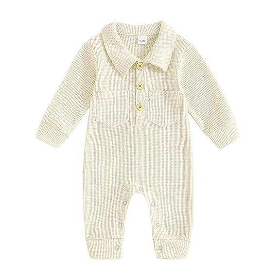 Otqutp Toddler Girls Boys Autumn and Winter Button Down Lapel Long Sleeved Solid Color Jumpsuit Unisex Baby Spring Fall Solid Color Playsuit(a-Beige,6-12 Months)