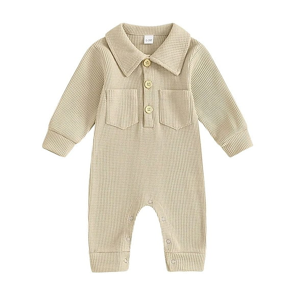 Otqutp Toddler Girls Boys Autumn and Winter Button Down Lapel Long Sleeved Solid Color Jumpsuit Unisex Baby Spring Fall Solid Color Playsuit(a-Khaki,6-12 Months)
