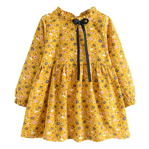 Otqutp Toddler Girls Cotton Dress Floral Dress Girls' Dress Cotton Spring and Autumn Floral Children's Dress Fashion Fall Winter Dress(Yellow-A,5 Years)