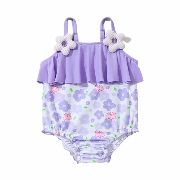 Otqutp Toddler Girls Cute Bunny Floral Print Swimming One Piece Rash Guard Chiffon Ruffle Swimsuit Adjustable Straps Beach Swimwear