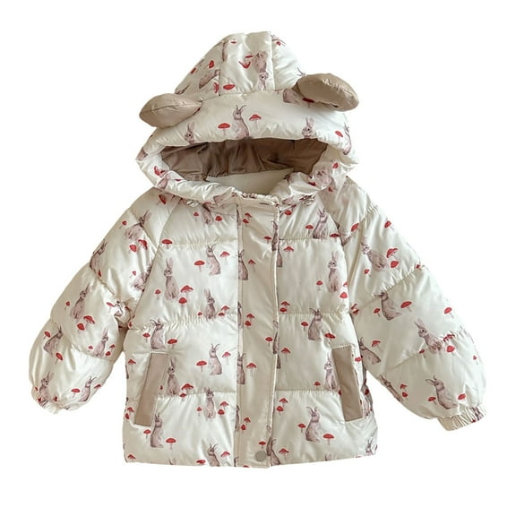 Otqutp Toddler Girls Cute Puffer Jacket Cartoon Bear Graphic Down Coat with Ears Hood Winter Warm Lightweight Quilted Coats