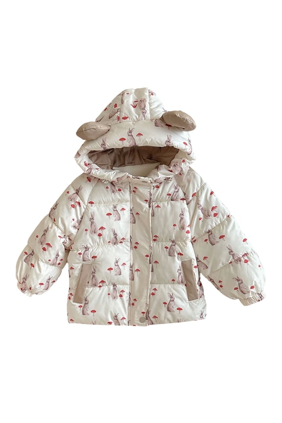 Toddler Girls Cute Puffer Jacket Cartoon Bear Graphic Down Coat with Ears Hood Winter Warm Lightweight Quilted Coats