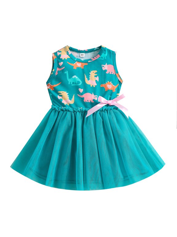 Toddler Girls' Dinosaur Theme Dress - Sleeveless Bow Tulle Gown, Breathable Patchwork Design for Birthday/Photoshoot 1-6 Years