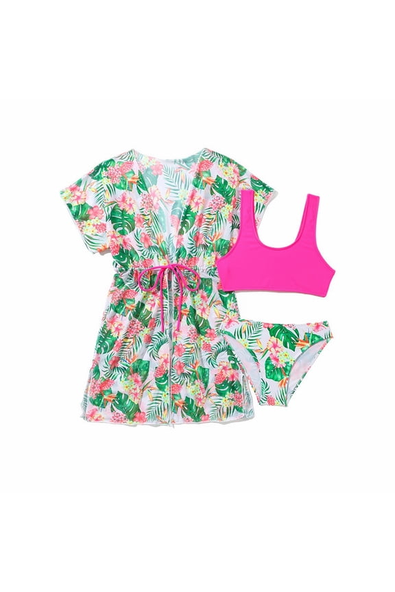 Toddler Girls Floral Print Swimming 3 Piece Rash Guard Swim Cover Up Short Sleeve Cardigan Tween Kids High Waist Modest Tankini Matching Bikini Beach Swimwear