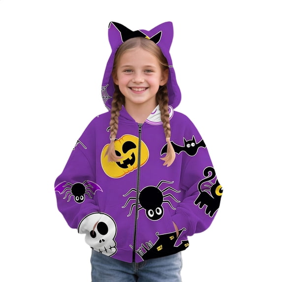 Otqutp Toddler Girls Halloween Zip Up Hoodie Cat Ear Long Sleeve Fleece Jackets Fall Wind Resistant Warm Coats with Pockets