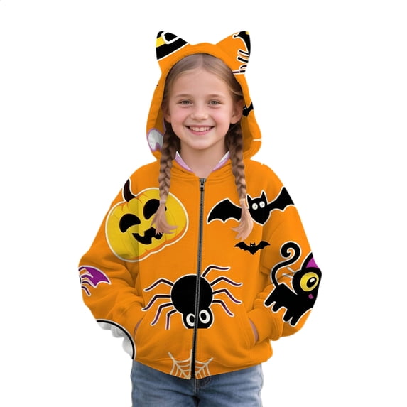 Otqutp Toddler Girls Halloween Zip Up Hoodie Cat Ear Long Sleeve Fleece Jackets Fall Wind Resistant Warm Coats with Pockets