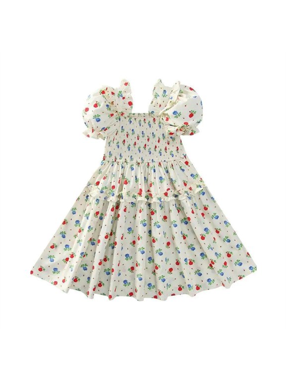 Toddler Girls Party Dress Kids Girls Floral Pattern White Background Bubble Short Sleeve Princess Dress Pleated Girls Long Dress